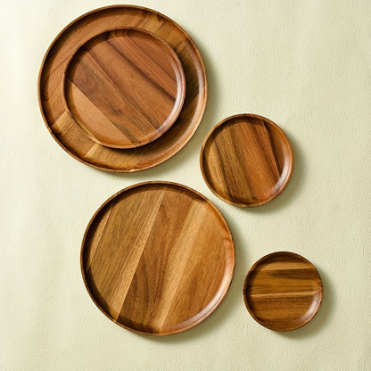 1pc Acacia Wood Plate, Round Wooden Serving Tray For Snacks, Fruits, Desserts, Rustic Dinnerware, Kitchen And Dining Accessories, Table Decors