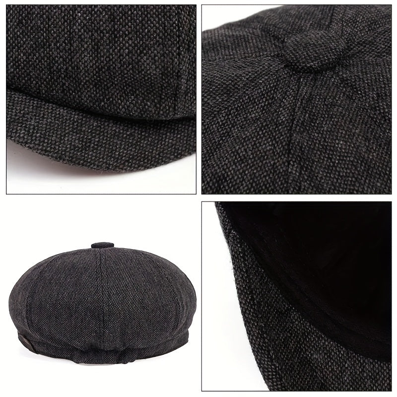 Retro-Schiebermütze im Fischgrätmuster für Herren – Schwarze, lässige Baskenmütze im Vintage-Stil, aus gestricktem Polyester, perfekt für Valentinstag und als Alltagsmütze | Vintage-Schiebermütze | Strickstruktur
