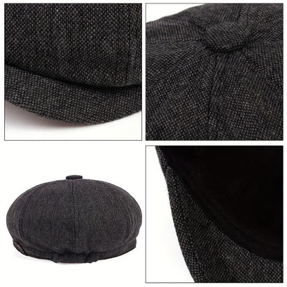 Retro-Schiebermütze im Fischgrätmuster für Herren – Schwarze, lässige Baskenmütze im Vintage-Stil, aus gestricktem Polyester, perfekt für Valentinstag und als Alltagsmütze | Vintage-Schiebermütze | Strickstruktur