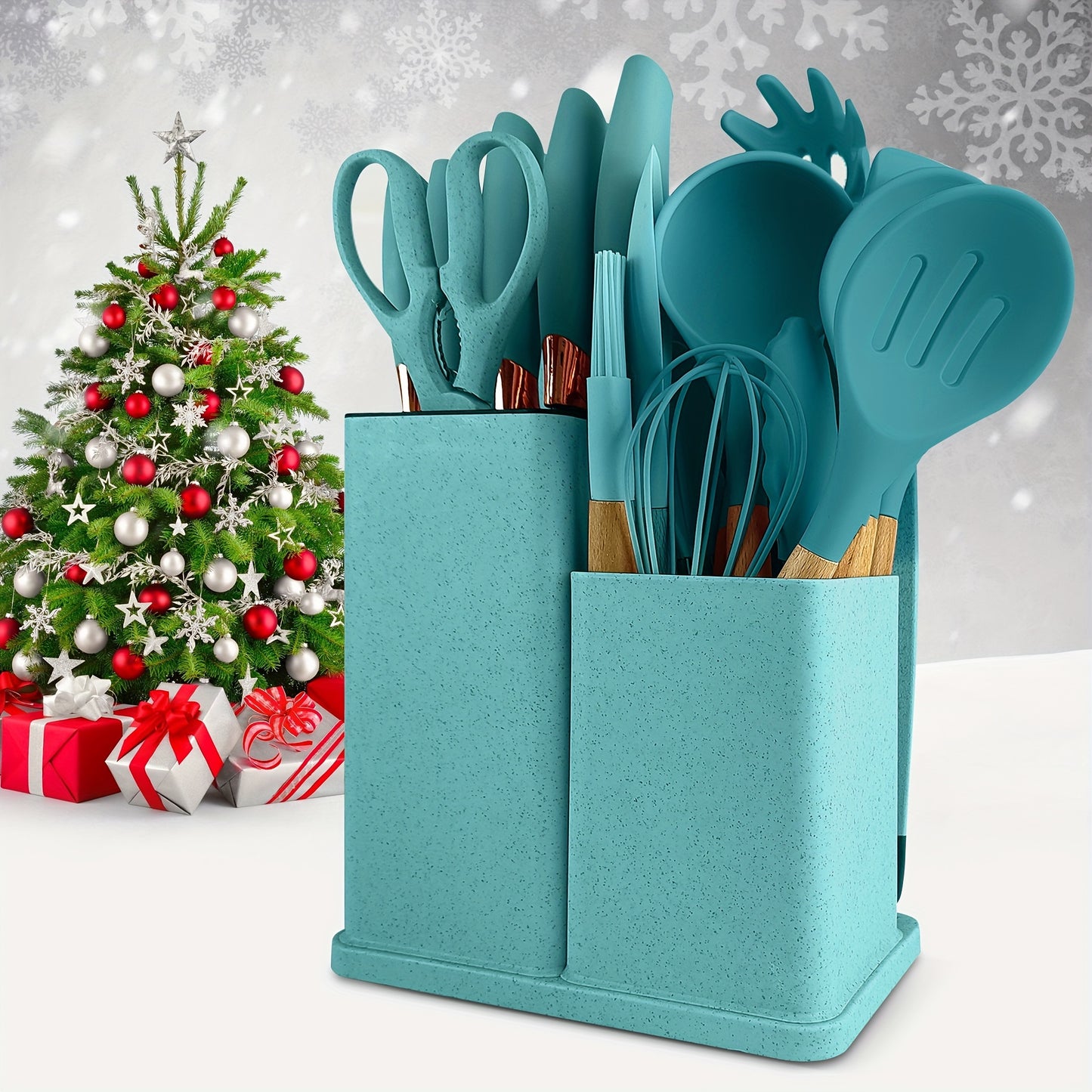 19-Piece Premium Heat-Resistant Silicone Kitchen Utensil Set With Wooden Handles, Chef Knifes, Non-Stick Friendly Cooking Tools, and Bamboo Storage Bucket
