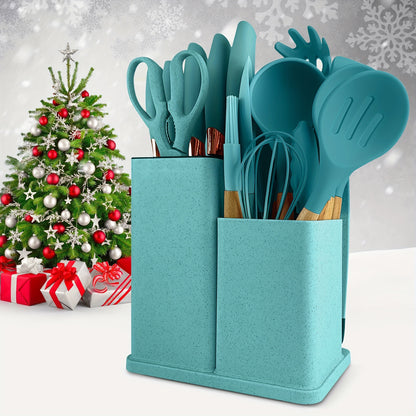 19-Piece Premium Heat-Resistant Silicone Kitchen Utensil Set With Wooden Handles, Chef Knifes, Non-Stick Friendly Cooking Tools, and Bamboo Storage Bucket