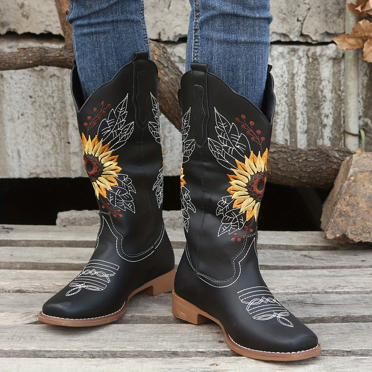 Bestickte Westernstiefel für Damen, mittelhoch, aus Kunstleder, Damenschuhe