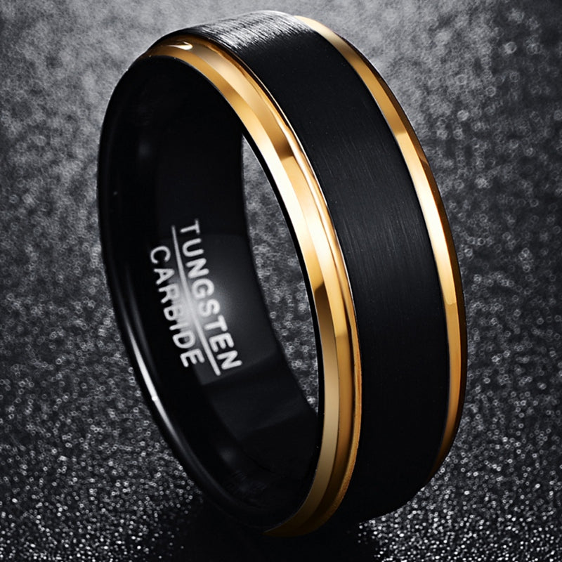 [Goldener Wolframring] Goldener Wolframring | 8 mm breit, Vakuumplattierung, mattschwarze Oberfläche, Herrenring, US-Größe 7–15