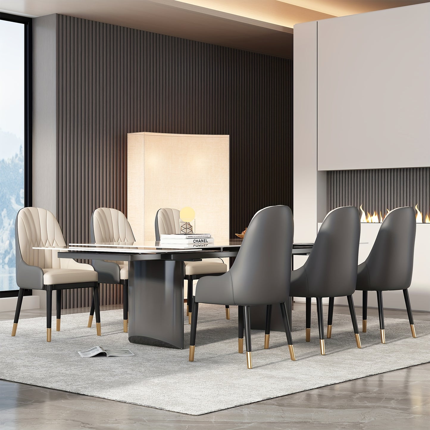 1pc Modern Extendable Dining Table, Rectangular Sintered Stone Top With Stainless Steel Legs, Seats 6-10 People, Adjustable Length 63''-94.5'', Ideal For Kitchen & Dining Room Decor