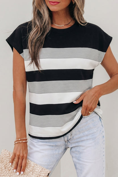 Black Stripe Mixed Print Crew Neck Cap Sleeve T Shirt