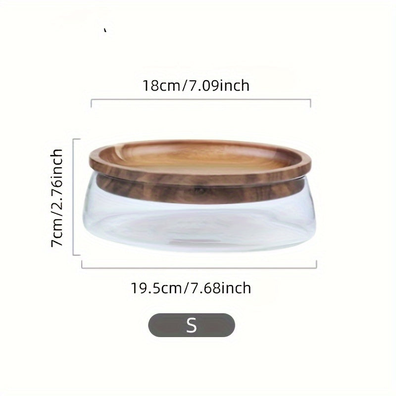 Double Layer Wooden Trays - 1pc Glass Bowl Nuts Fruits Food Container For Cereals - Candy Jars With Wooden Lid Home Kitchen Storage Supplies