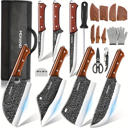 Professional 14pcs Kitchen Chef Knife Set Includes Roll Bag 3-7 Inch, Butcher, Cleaver, Boning, Utility, Splitting Knives for Meat Cutting Fruit Vegetable, High Carbon Stainless Steel Ultra Sharp, with Ergonomic Wood Handle,