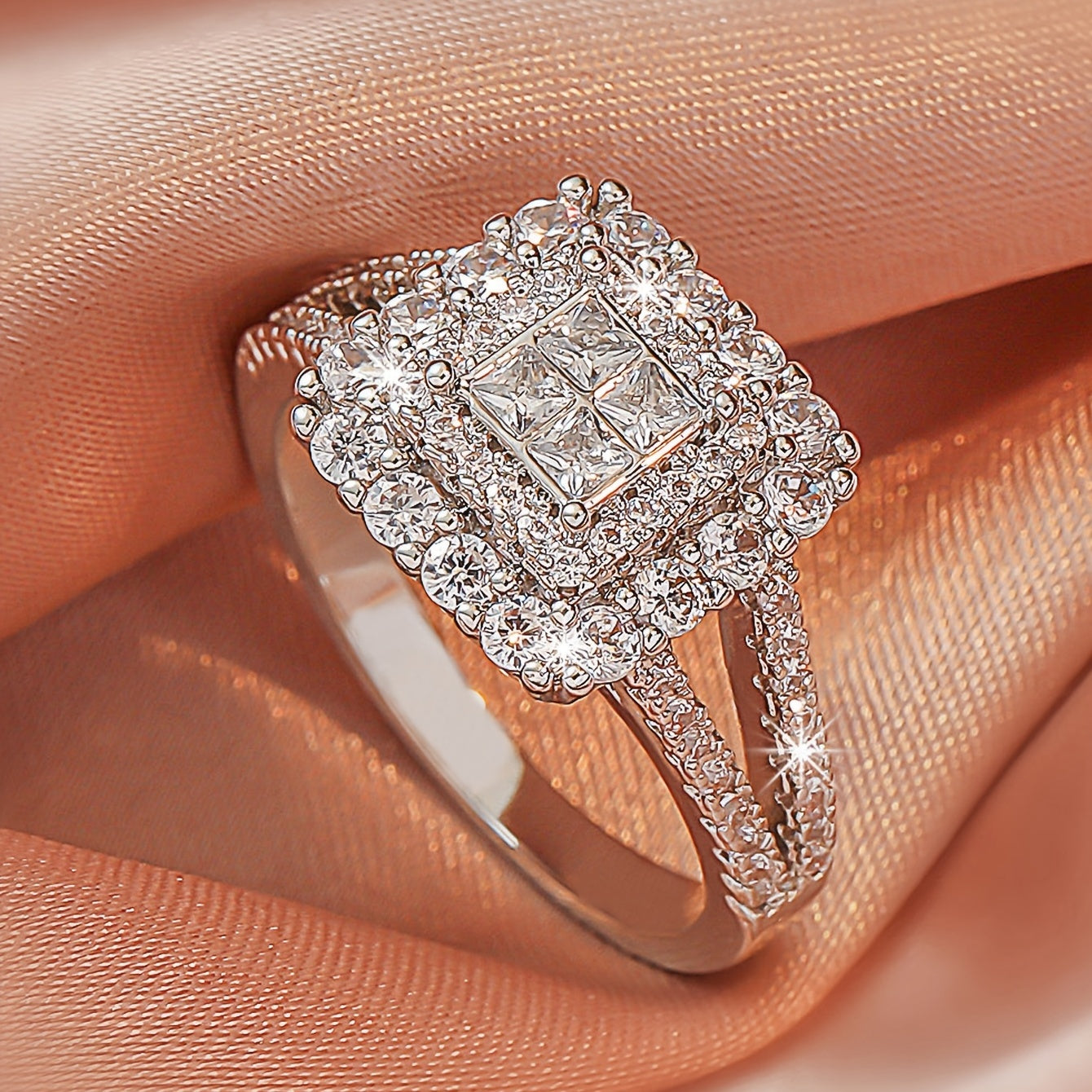 [Large Multi Row Rings] White Synthetic Zirconia Large Multi Row Rings | Stylish Couples Jewelry, Wedding Gifts, Holiday Accessories, Elegant Plated Luxury Statement Rings