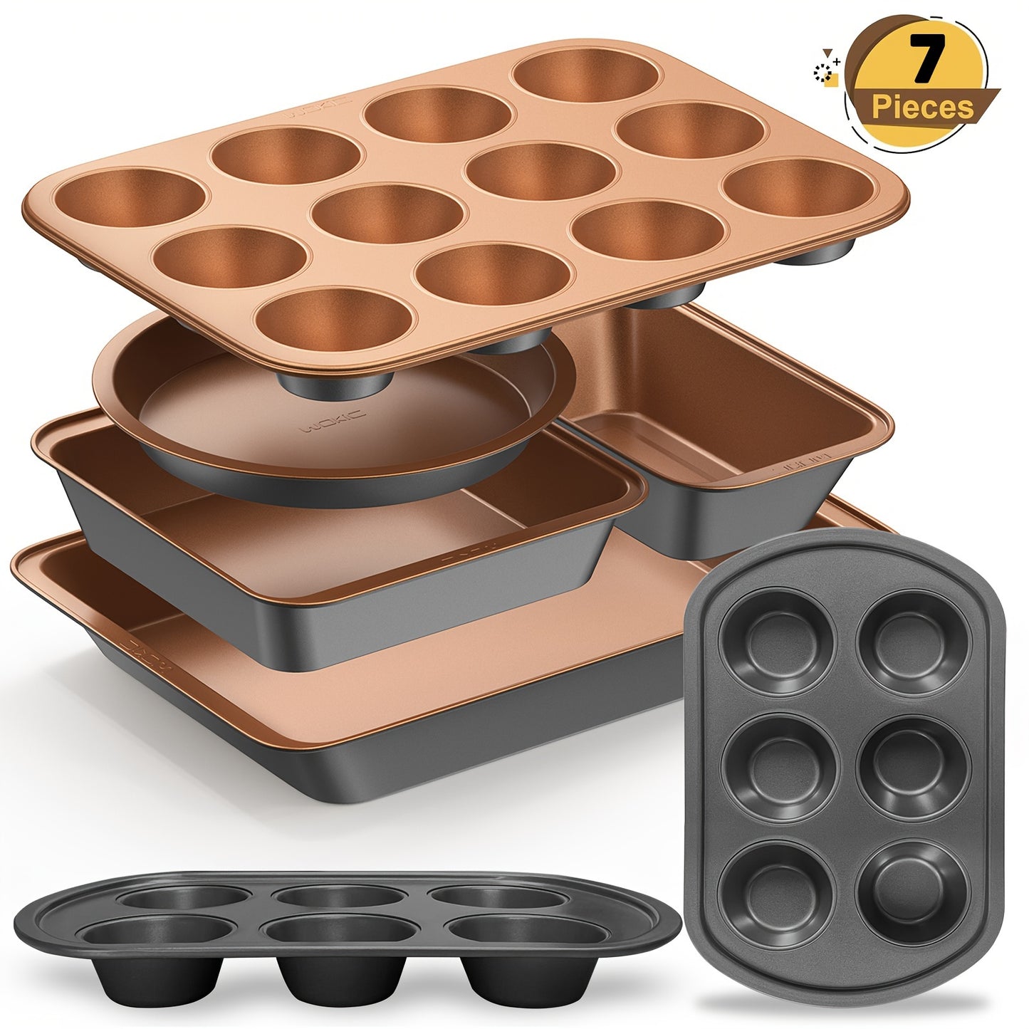 7pcs Nonstick Bakeware Set, Baking Pan Organization Set With Round & Square Cake Pans, Loaf Pan, Muffin Pan, Roasting Pan, And Ultrathick Muffin Baking Pan. Dishwasher Safe, Easy Clean