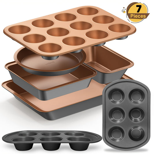 7pcs Nonstick Bakeware Set, Baking Pan Organization Set With Round & Square Cake Pans, Loaf Pan, Muffin Pan, Roasting Pan, And Ultrathick Muffin Baking Pan. Dishwasher Safe, Easy Clean