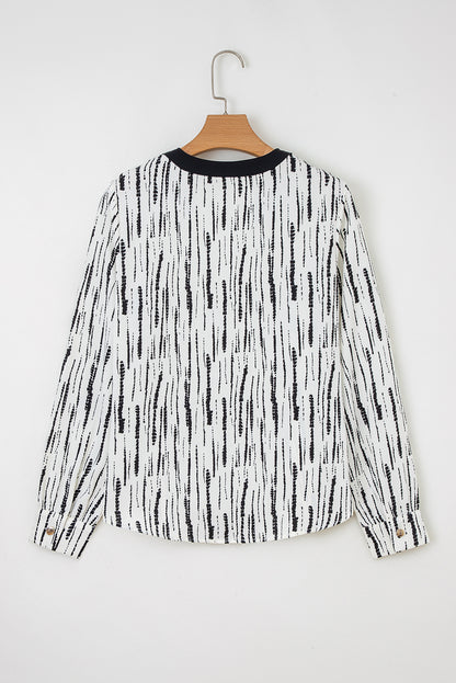 White Abstract Printed V Neck Fall Blouse