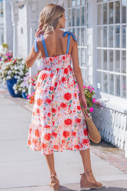 Yellow Floral Print Contrast Stitched Knot Denim Straps High Waist Dress
