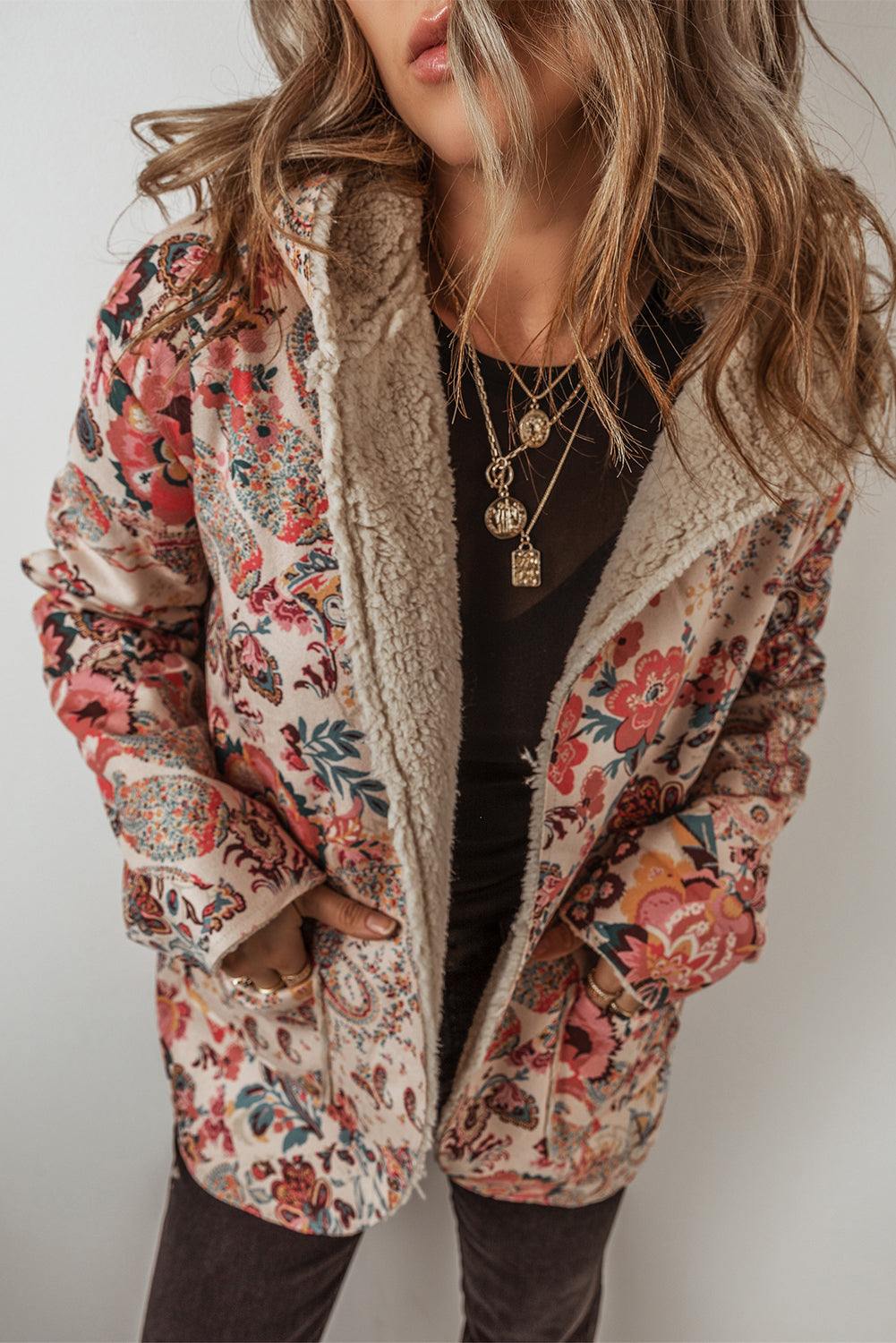 Khaki Vintage Floral Printed Sherpa Lined Hooded Jacket