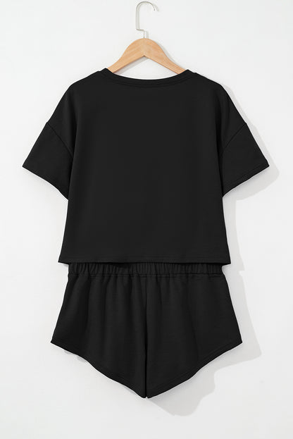 Black 2pcs Cropped Tee and Ruffle High Waist Skort Set