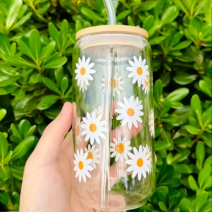 [Daisy Print Glass Tumbler] Reusable Floral Daisy Print Glass Tumbler with Lid and Straw - Hand Wash Only, Flower Theme Drinkware for Home Use, Ideal Halloween Gift