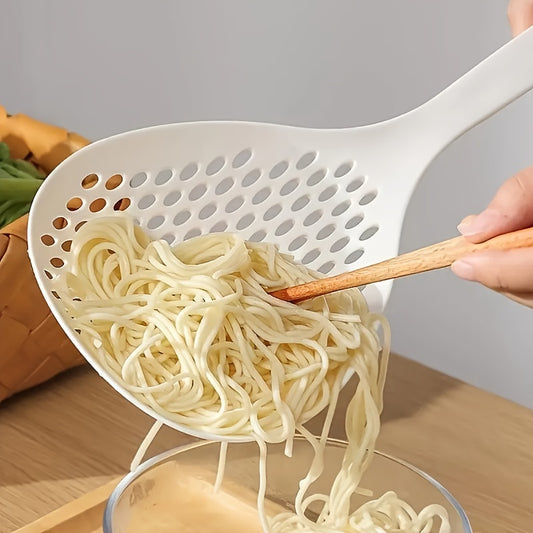 1pc Large Nylon Colander Spoon - Slotted Strainer Scoop with Long Handle for Kitchen Pasta Noodle Cooking - Easy Grip, Heat Resistant, Non-Stick, Space-Saving Kitchen Supplies and Cookware