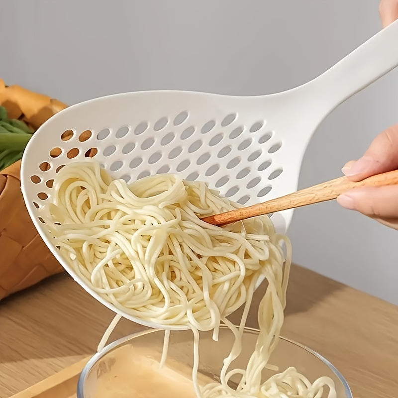 1pc Large Nylon Colander Spoon - Slotted Strainer Scoop with Long Handle for Kitchen Pasta Noodle Cooking - Easy Grip, Heat Resistant, Non-Stick, Space-Saving Kitchen Supplies and Cookware