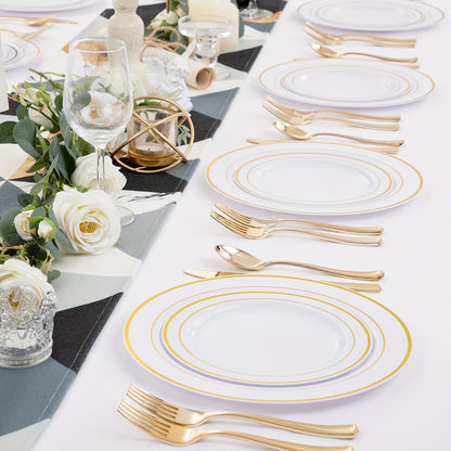 50pcs Gold Plastic Plates with Silverware, Gold Dinnerware Set Perfect for Wedding Includes: 10 Dinner Plates 10.25", 10 Salad Plates 7.5", 10 Gold Silverware Sets, White Gold Plates for Party, Holidays, Hand washable and reu