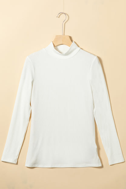 White Ribbed Knit High Neck Long Sleeve Top