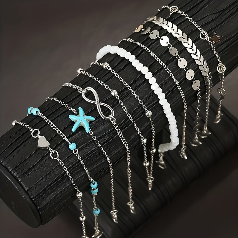 Set Of Multiple Bohemian Style Golden Starfish Pearl Anklets For Girls To Wear During Summer Vacation Outings
