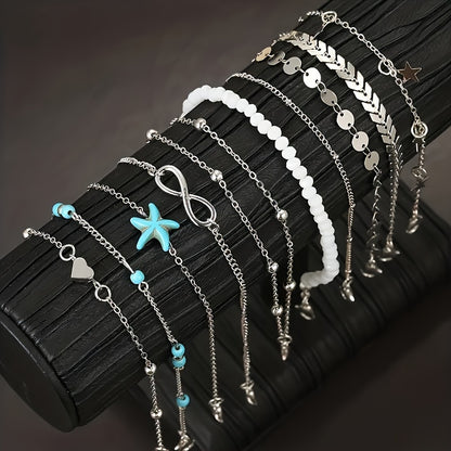 Set Of Multiple Bohemian Style Golden Starfish Pearl Anklets For Girls To Wear During Summer Vacation Outings