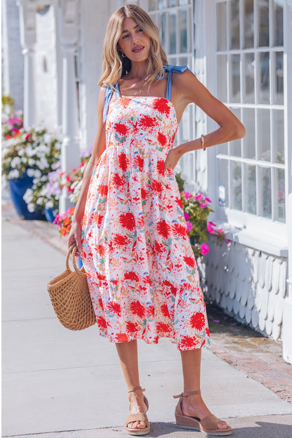 Yellow Floral Print Contrast Stitched Knot Denim Straps High Waist Dress