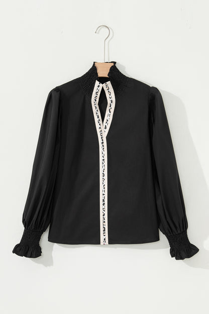 Black Puffy Flounce Sleeve Leopard Trim V Neck Blouse