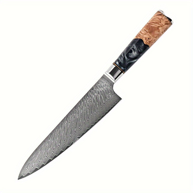 Damascus Steel Black Resin Handle Kitchen Knives. Chef's Knife, Bread Knife, Meat Cutter, Multipurpose Knife, Paring Knife, Paring Knife. Light And Easy To Use, Easy To Clean, Simple And Generous. Good Kitchen Help