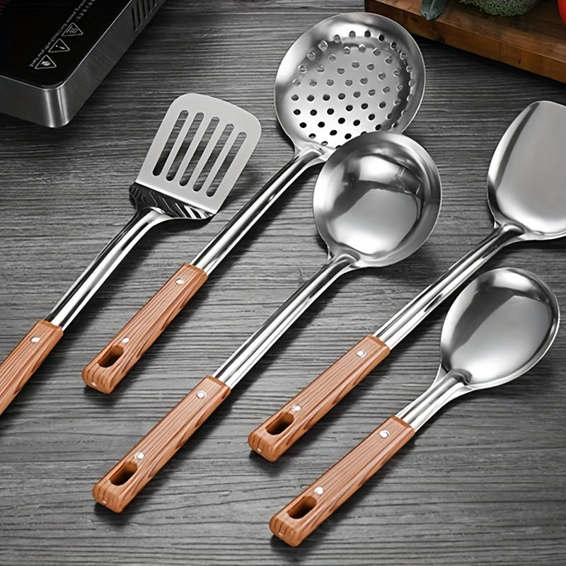 5pcs Stainless Steel Kitchen Utensil Set with Wooden Handles - Durable Metal Cooking Tools Including Slotted Turner, Solid & Slotted Spoons, Rice Paddle - Non-Electric, Rust-Resistant Cookware Accessories