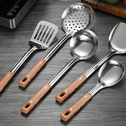 5pcs Stainless Steel Kitchen Utensil Set with Wooden Handles - Durable Metal Cooking Tools Including Slotted Turner, Solid & Slotted Spoons, Rice Paddle - Non-Electric, Rust-Resistant Cookware Accessories