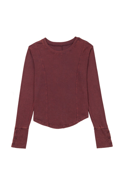 Burgundy Exposed Seam Ribbed Long Sleeve Top