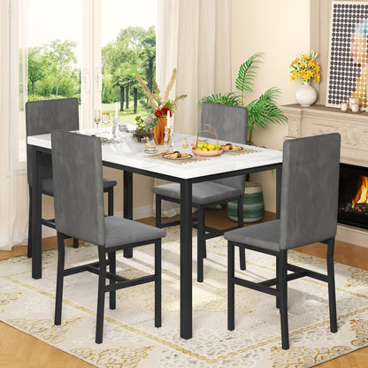5 Piece Dining Table & Chair Set with 4 Velvet Upholstered and Density Sponge Padded Dining Chairs, Modern Style Kitchen Table Furniture Set with Faux Marble Table Top, 4-Person Metal and Wood Breakfast Nook Dinette Set for K