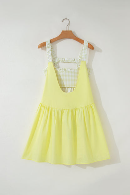 White Faux Two Piece Gingham Contrast Patchwork Loose Mini Dress