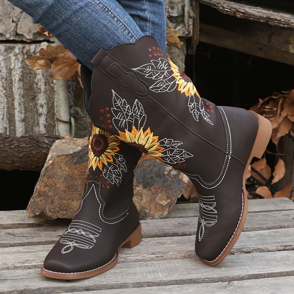 Bestickte Westernstiefel für Damen, mittelhoch, aus Kunstleder, Damenschuhe