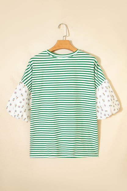 Green Stripe Floral Puff Sleeve Patchwork Round Neck Loose Top