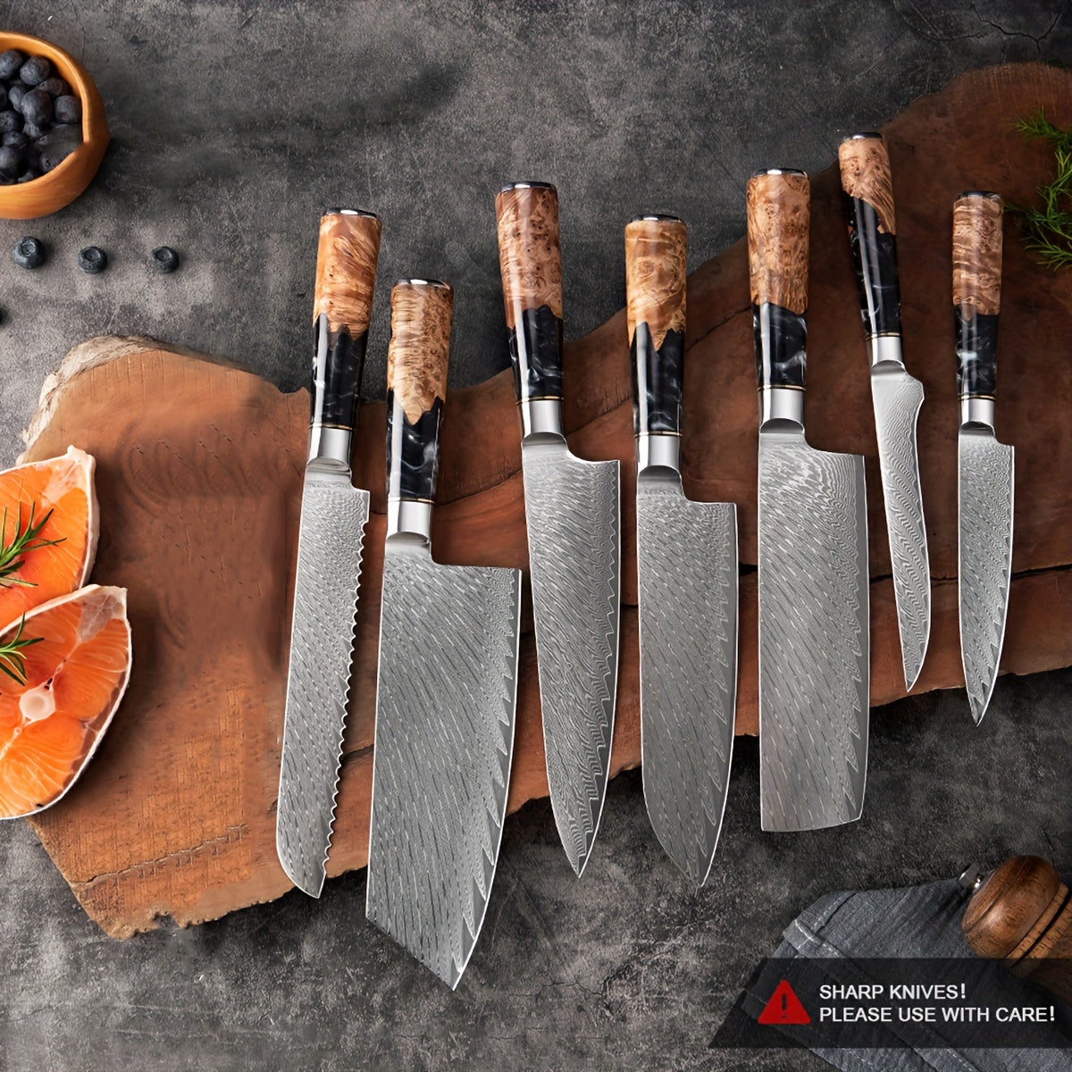 Damascus Steel Black Resin Handle Kitchen Knives. Chef's Knife, Bread Knife, Meat Cutter, Multipurpose Knife, Paring Knife, Paring Knife. Light And Easy To Use, Easy To Clean, Simple And Generous. Good Kitchen Help