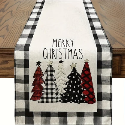 1pc Waterclor Buffalo Plaid Christmas Trees Merry Xmas Table Runner, Seasonal Winter Holiday Kitchen Dining Table Decoration for Indoor Outdoor Home Party Decor 13x48 Inch/13x72 Inch/13x108 Inch