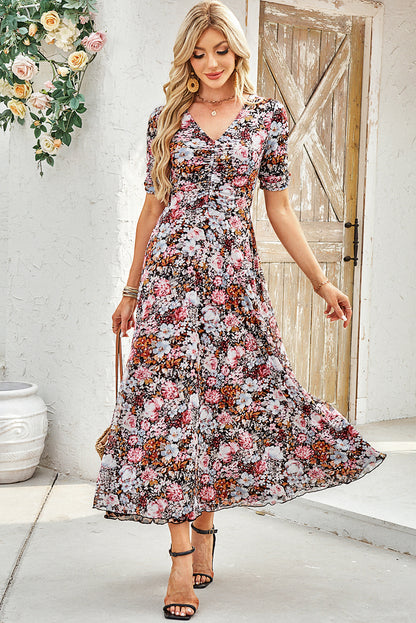 Brown Mesh Leopard Floral Reversible V Neck Short Sleeve Dress
