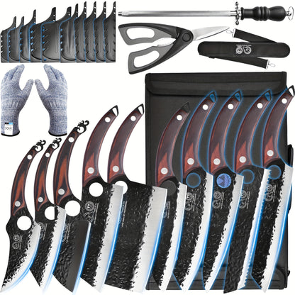 Professional Forged Knife Set With Roll Bag Scissors Honing Steel Whetstone, 10 Pcs Kitchen Knives Large Butcher Knife Set, Personalized Gifts For Women Men Birthday Christmas Mothers Fathers Unique Presents For Mom Dad Frien