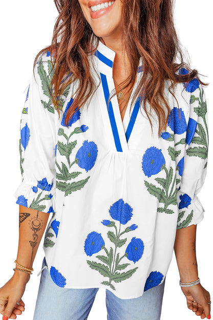 Sky Blue Casual Wild Flower Print V Neck 3/4 Sleeve Blouse