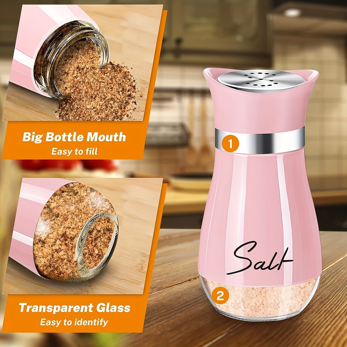 Salt and Pepper Shaker Set, 4oz Glass Bottom Salt and Pepper Shaker, Suitable for Kitchen, Dining Table, RV, Camping, BBQ, Refillable Design (Pink)
