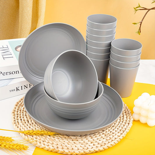 48pcs Gray Straw Dinnerware, Plates And Bowls Set, Camping Dish Set For 12, Plastic Dinnerware Set, Dishwasher Safe Gray Dinnerware Set, Unbreakable Plates, Camper Dish Sets, Reusable Tableware