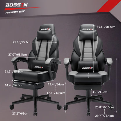 BOSSIN Gaming Chair With Massage, PU Leather Computer Desk Chair With Footrest And Headrest, Ergonomic Heavy Duty Design, Large Size High-Back E-Sports - For Gamers - Suitable for Long Hours of Gaming - Perfect Gift for Gamer