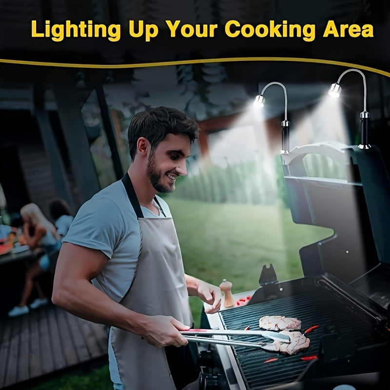 Set of 2 Magnetic LED Lights for BBQ Grilling, Featuring 360° Flexibility, Multi-Color Options, And Dual Light Heads - Perfect for Outdoor Cooking, Made of Aluminum Alloy, And Powered by Batteries (Included)