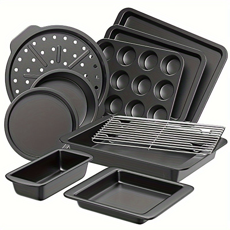 HONGBAKE Bakeware Sets, Baking Pans Set, Nonstick Oven Pan For Kitchen With Wider Grips, 10-Piece Including Rack, Cookie Sheet, Cake Pans, Loaf Pan, Muffin Pan, Pizza Pan