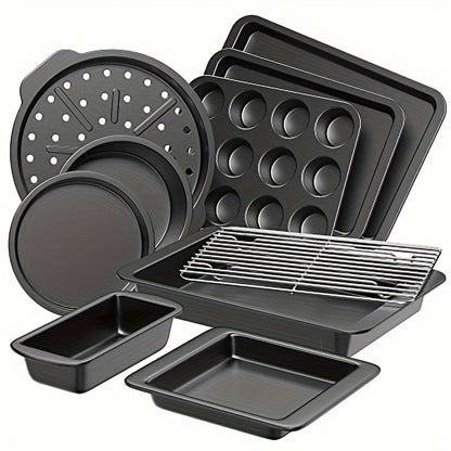 HONGBAKE Bakeware Sets, Baking Pans Set, Nonstick Oven Pan For Kitchen With Wider Grips, 10-Piece Including Rack, Cookie Sheet, Cake Pans, Loaf Pan, Muffin Pan, Pizza Pan