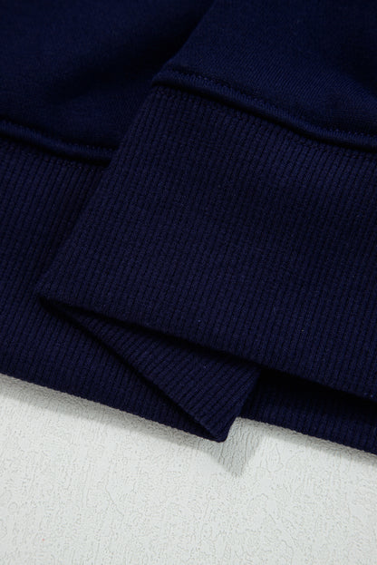 Navy Blue CLASSY UNTIL KICKOFF Plush Letter Patched Loose Sweatshirt