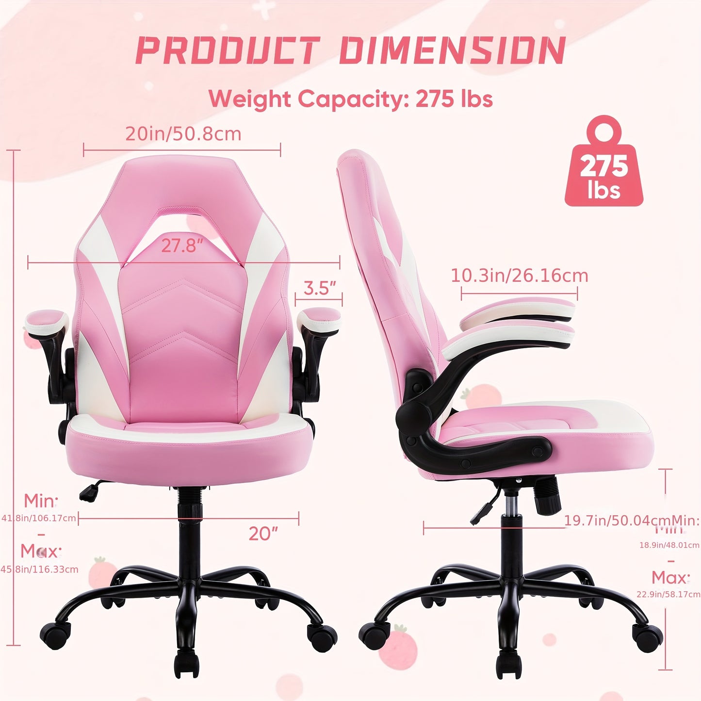 OLIXIS Computer Gaming Chair, Office Desk PU Leather Chair with Padded High Back Flip-up Armrests, Swivel Task Chair Adjustable Height, pink