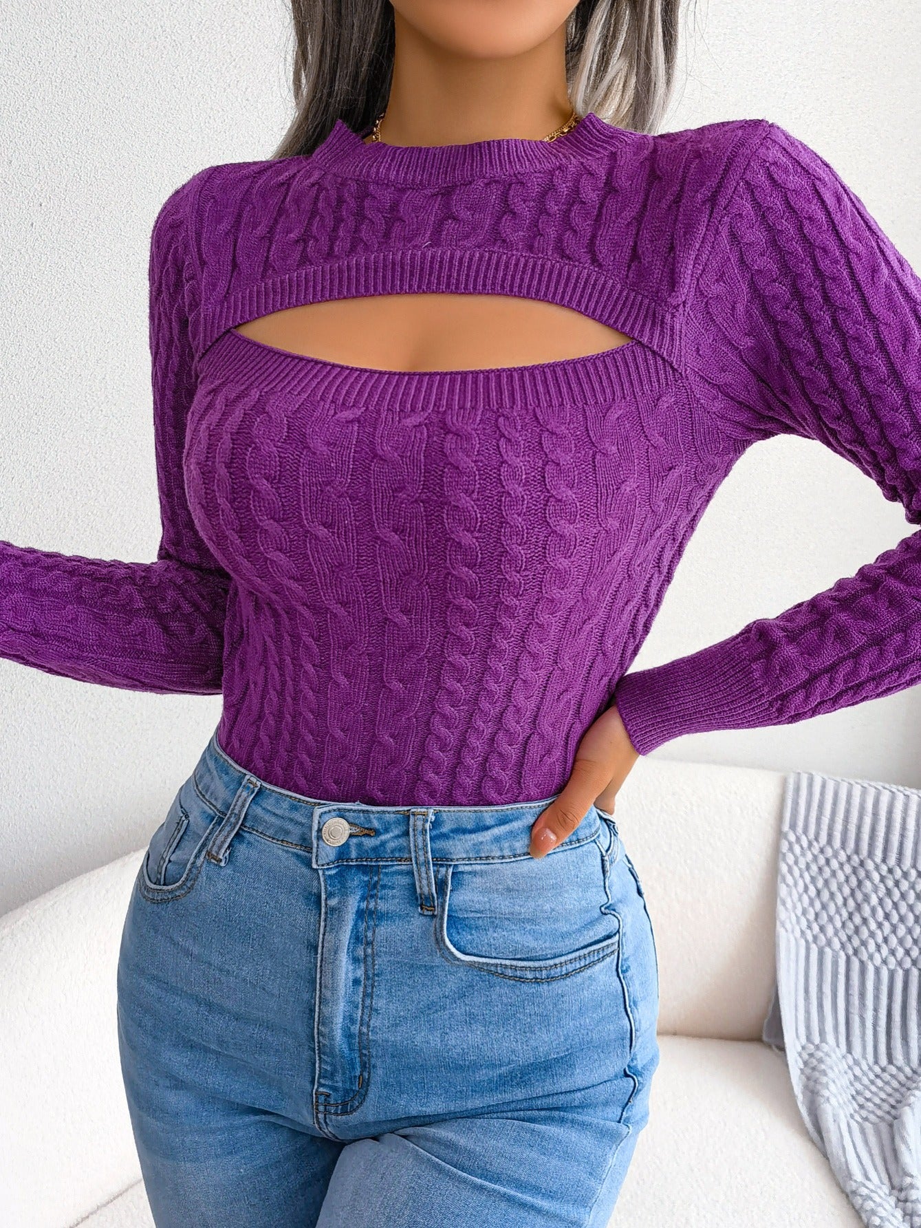 Damen-Langarmpullover mit Lochmuster | Hochelastisches Material, Rundhalsausschnitt, sexy, figurbetont, Herbst/Winter