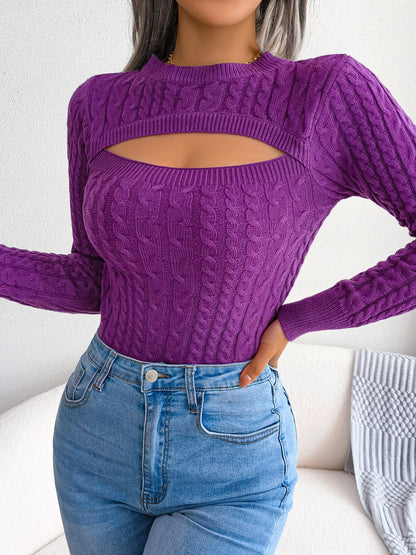 Damen-Langarmpullover mit Lochmuster | Hochelastisches Material, Rundhalsausschnitt, sexy, figurbetont, Herbst/Winter